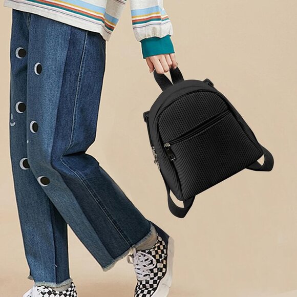 Corduroy Mini Backpack Womens Small Travel Shopping Purse Black - Picture 6 of 7